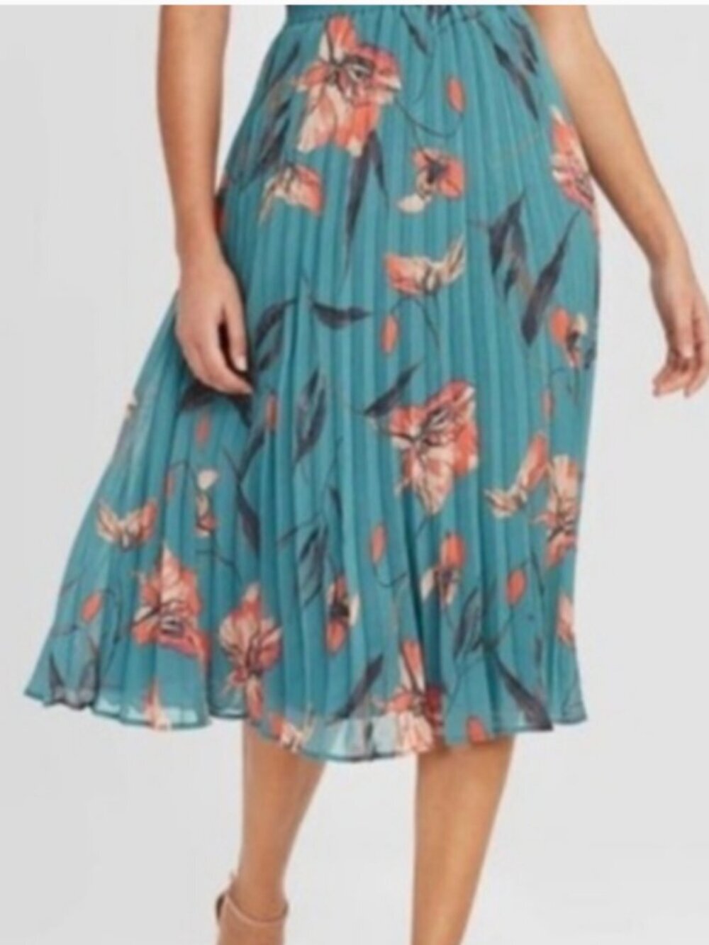 A New Day High Rise Pleated Floral Midi Skirt - Teal